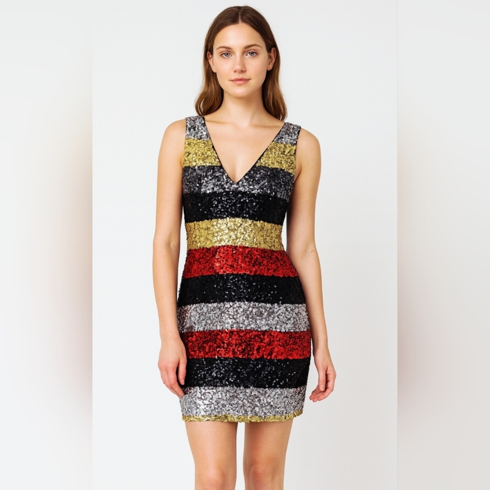 Black/Gold/Red/Silver Striped Sequin Mini Dress - Picture 5 of 5
